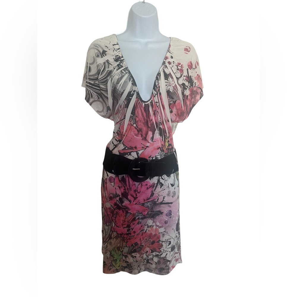 Entry Women Dress V Neck Sheer Floral Pink with Belt. Size Medium. NWT.